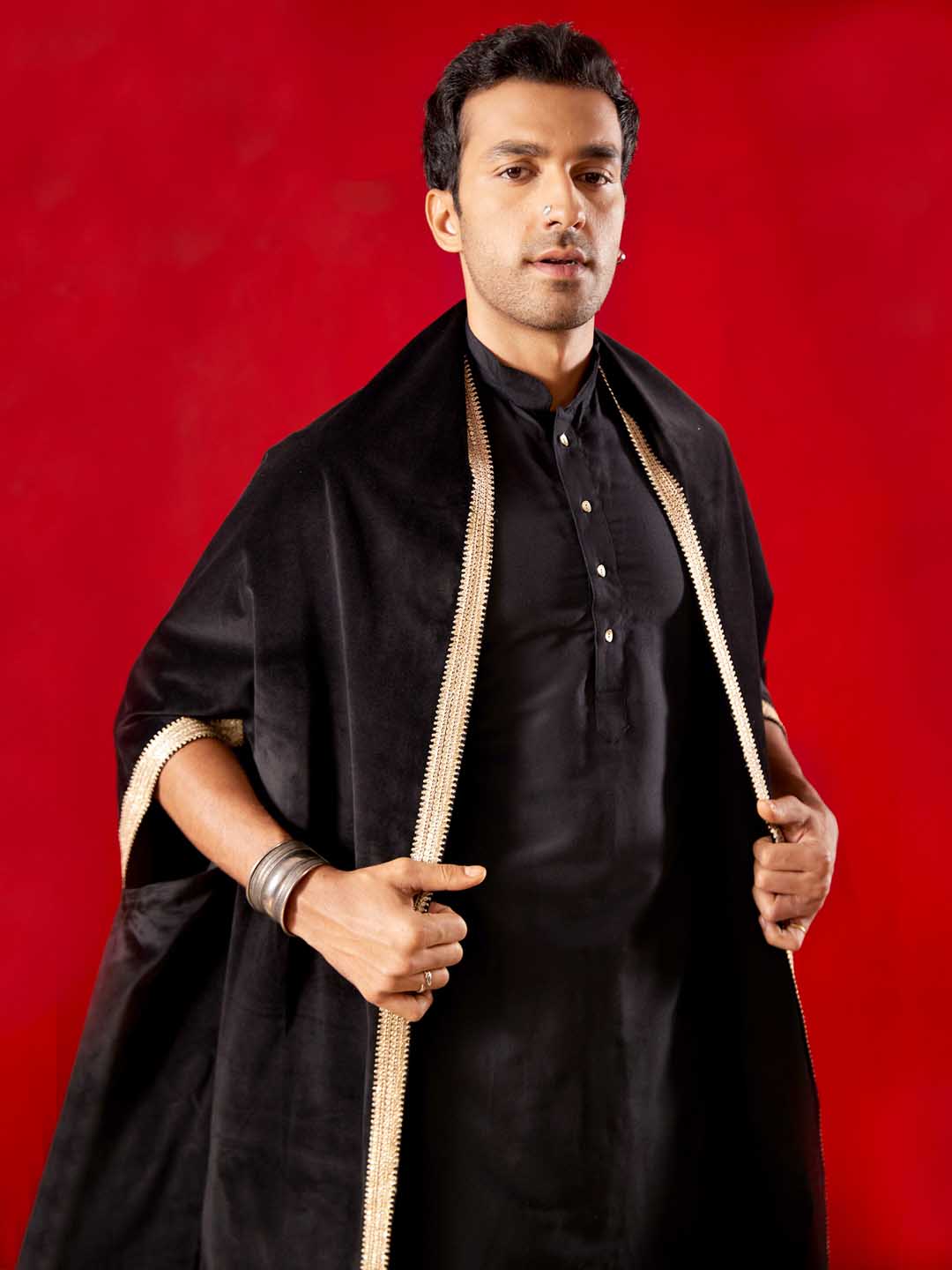 Sarvati Men's Black Kurta Pant Set With Velvet Slit Sleeves Dupatta