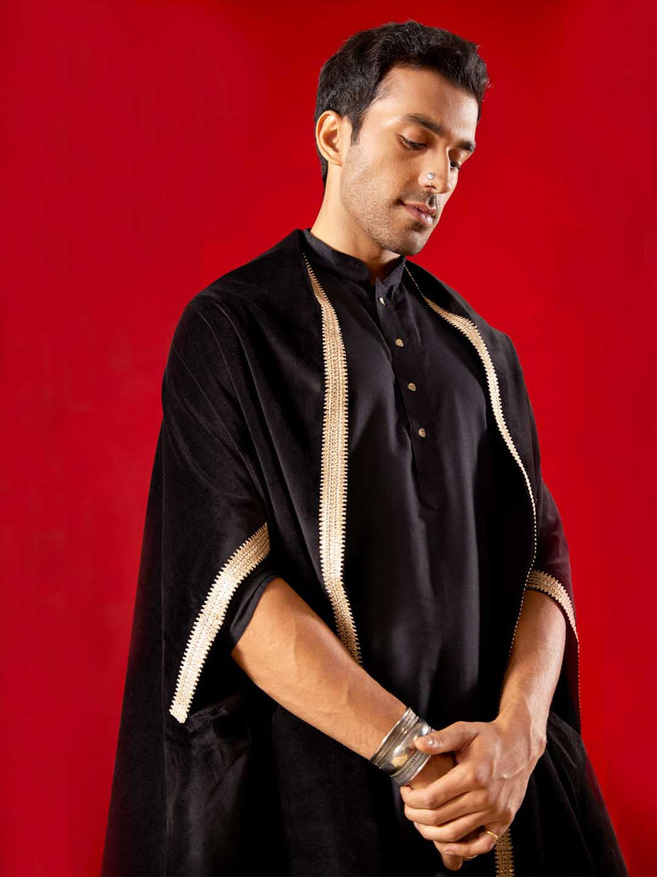 Sarvati Men's Black Kurta Pant Set With Velvet Slit Sleeves Dupatta