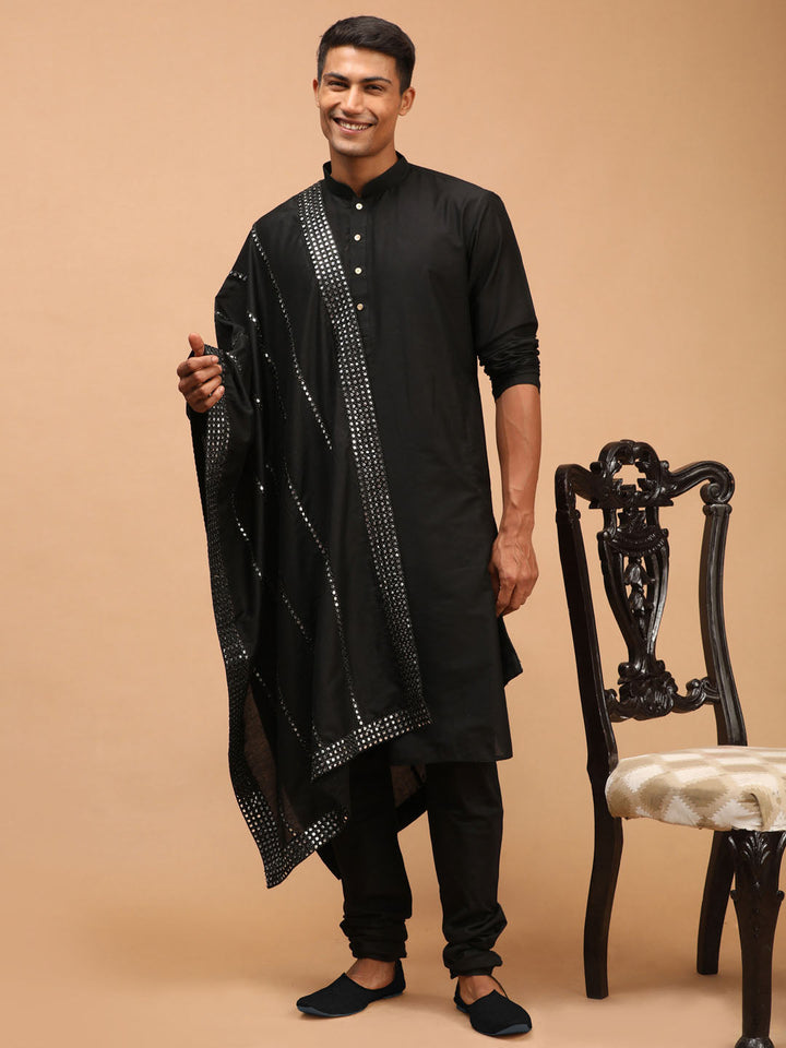 Sarvati Men's Black Viscose Kurta Pyjama And Dupatta Set