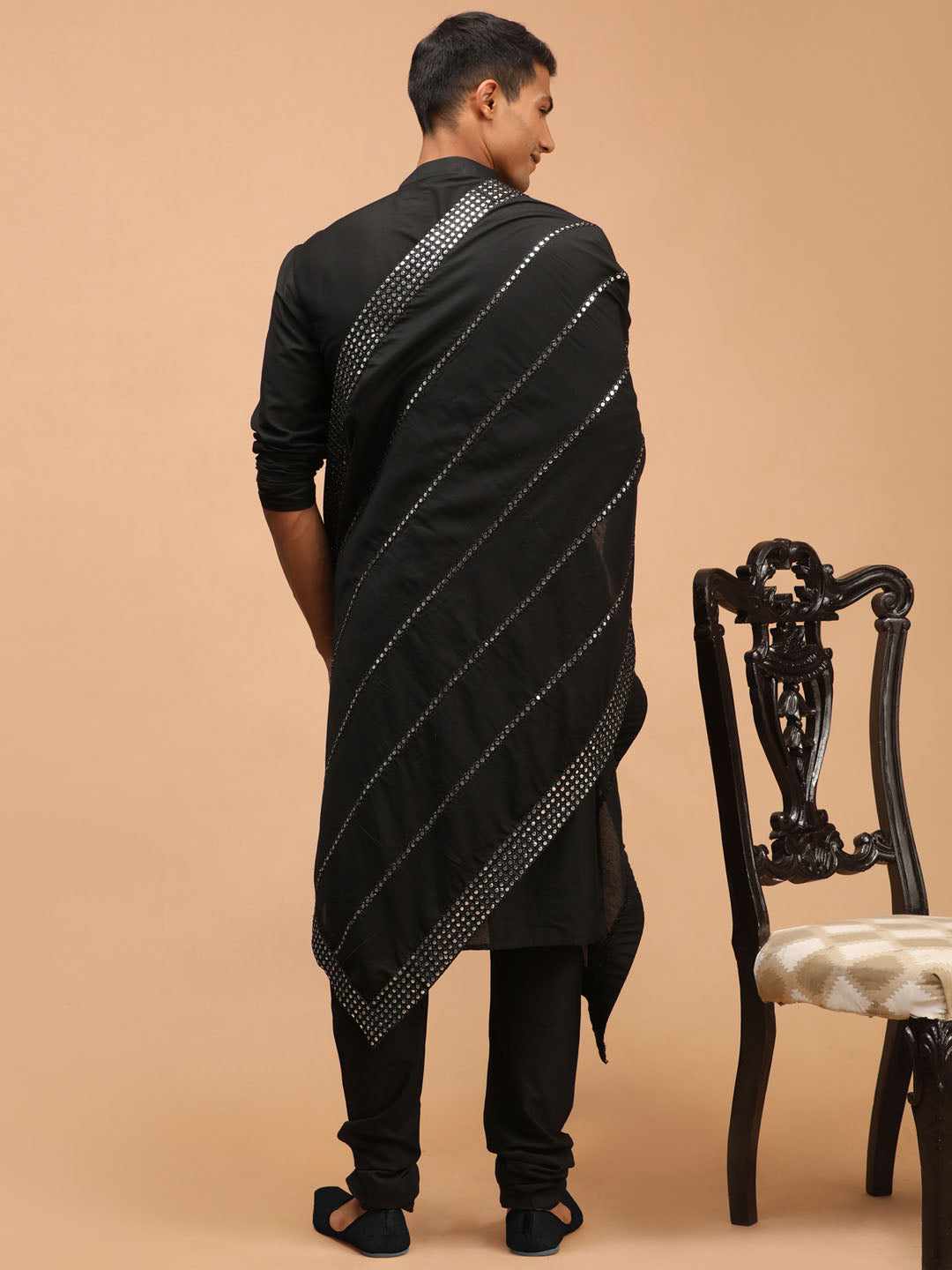 Sarvati Men's Black Viscose Kurta Pyjama And Dupatta Set