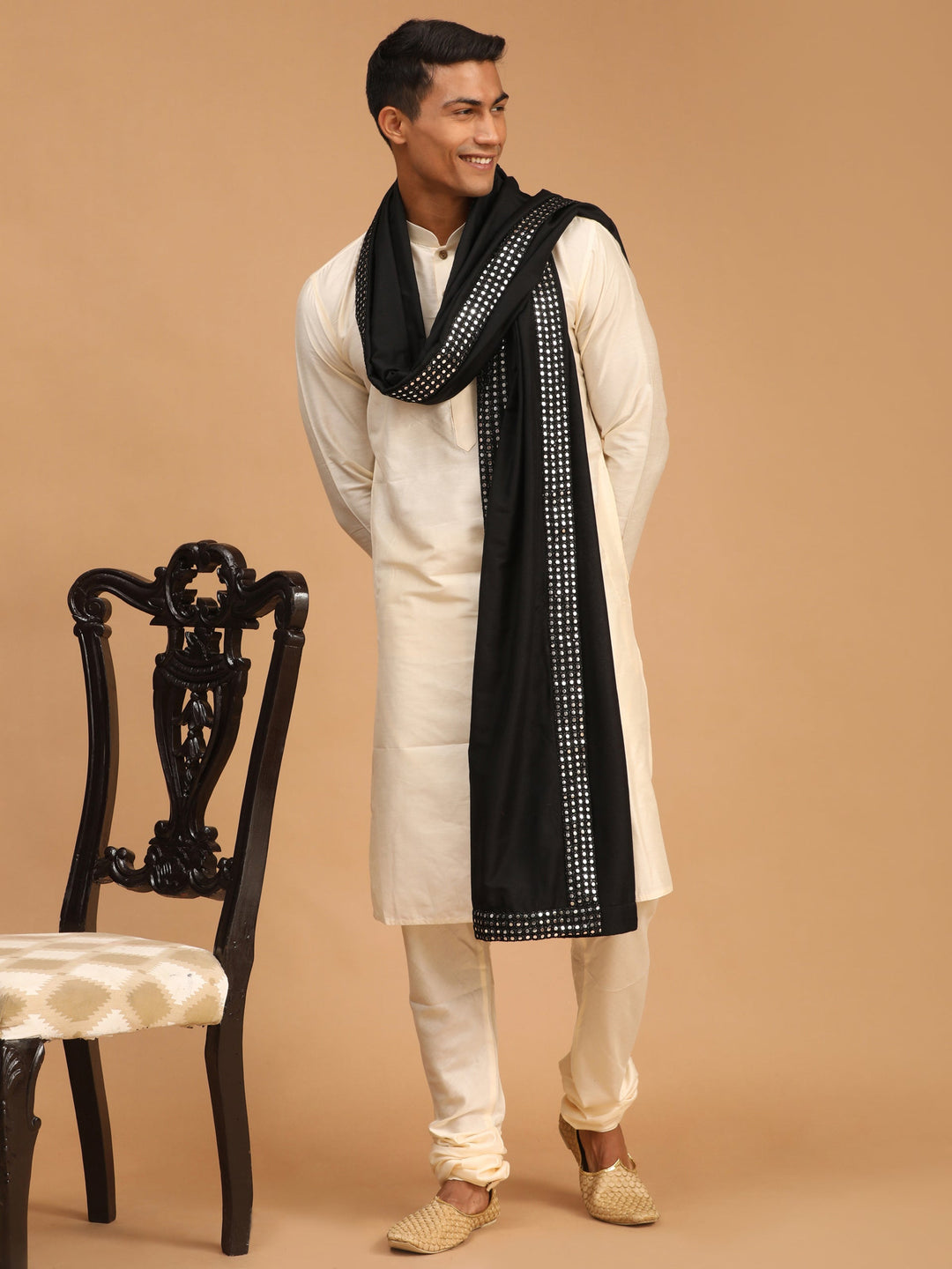 Sarvati Men's Cream Viscose Kurta Pyjama And Dupatta Set