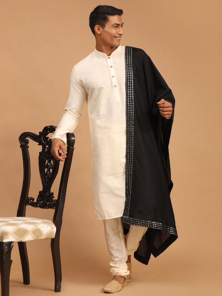 Sarvati Men's Cream Viscose Kurta Pyjama And Dupatta Set