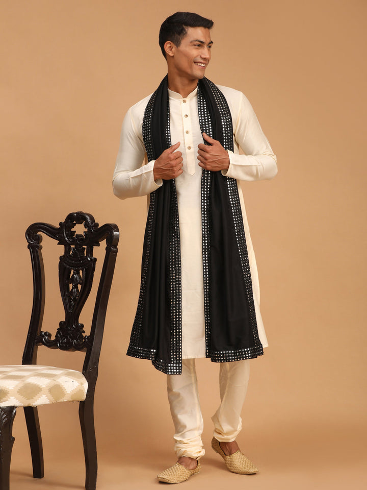 Sarvati Men's Cream Viscose Kurta Pyjama And Dupatta Set