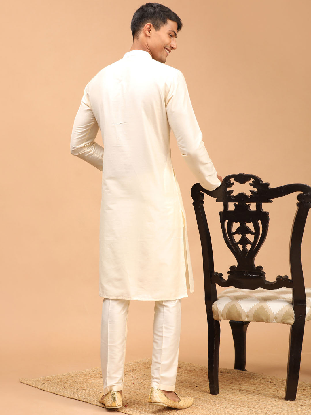 Sarvati Men's Cream Viscose Kurta With Pant Set