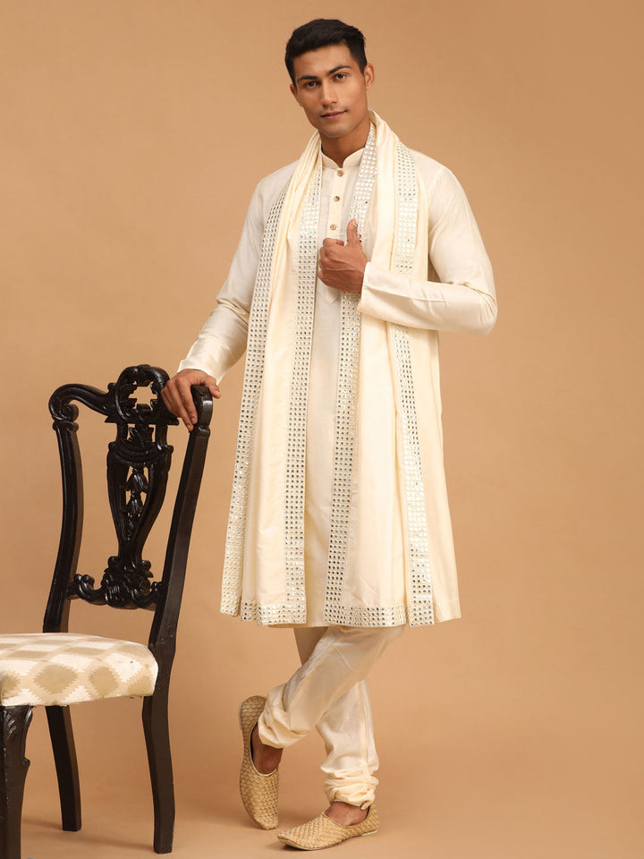 Sarvati Men's Cream Viscose Kurta Pyjama And Dupatta Set