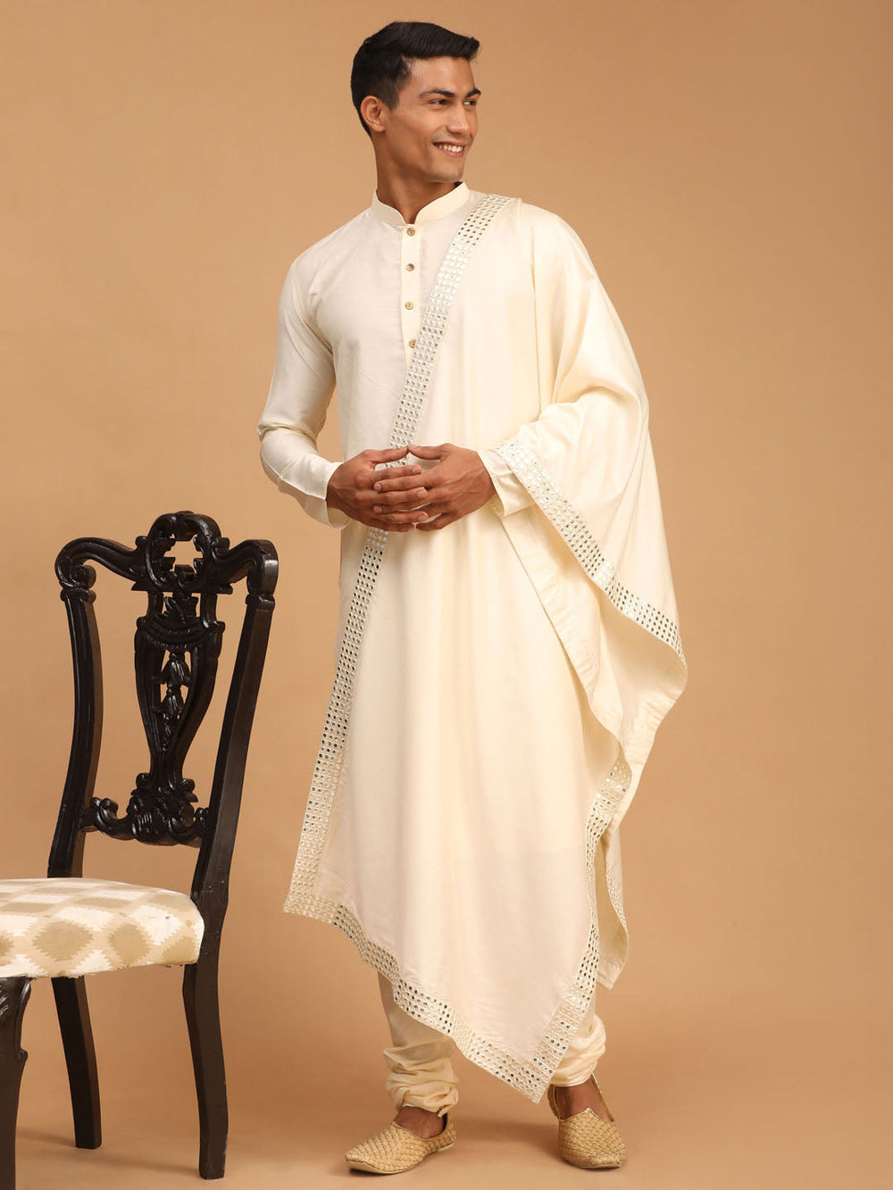 Sarvati Men's Cream Viscose Kurta Pyjama And Dupatta Set