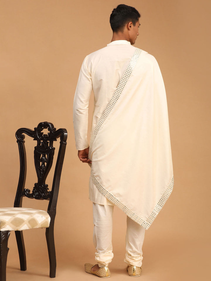 Sarvati Men's Cream Viscose Kurta Pyjama And Dupatta Set