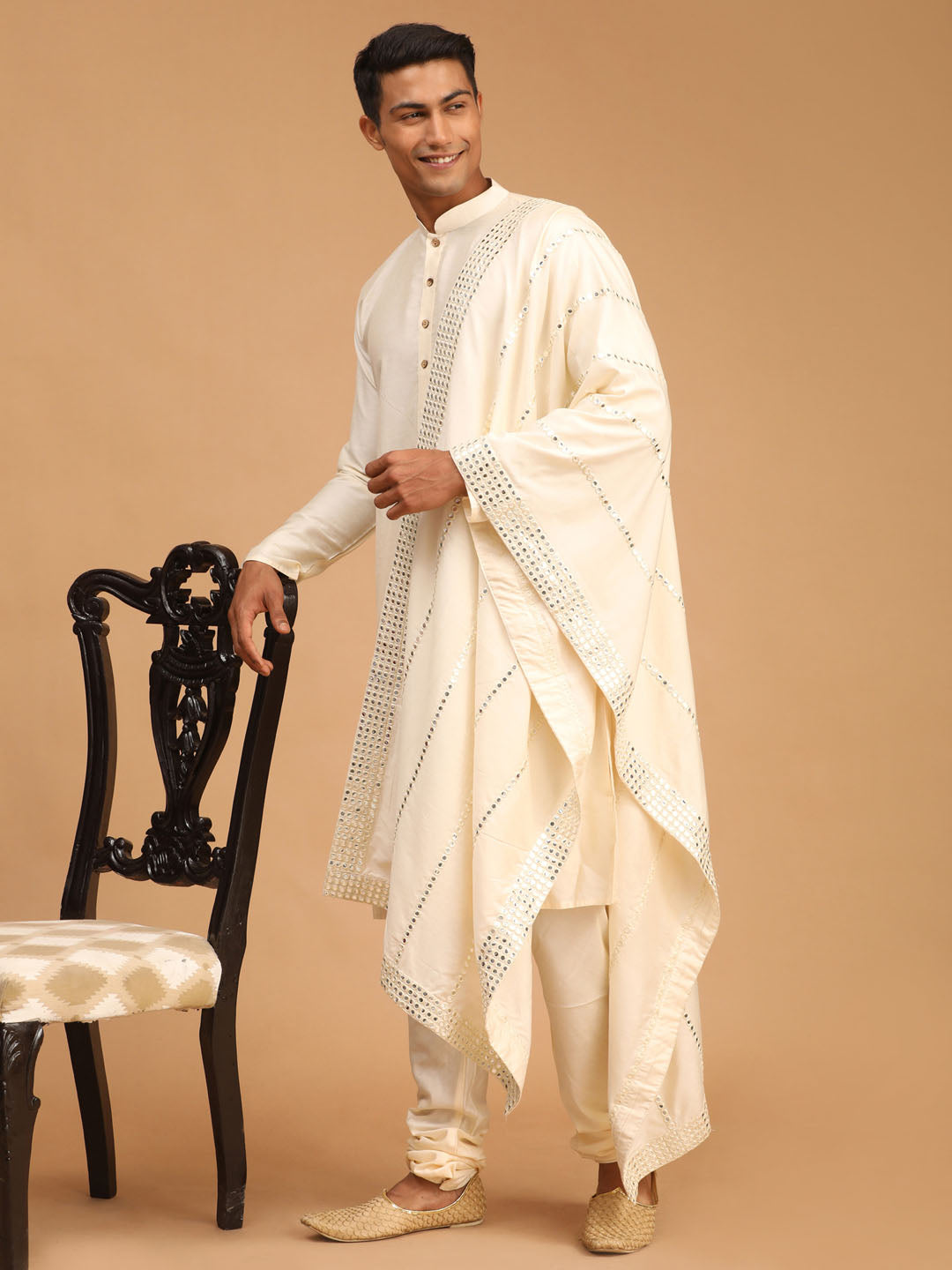 Sarvati Men's Cream Viscose Kurta Pyjama And Dupatta Set