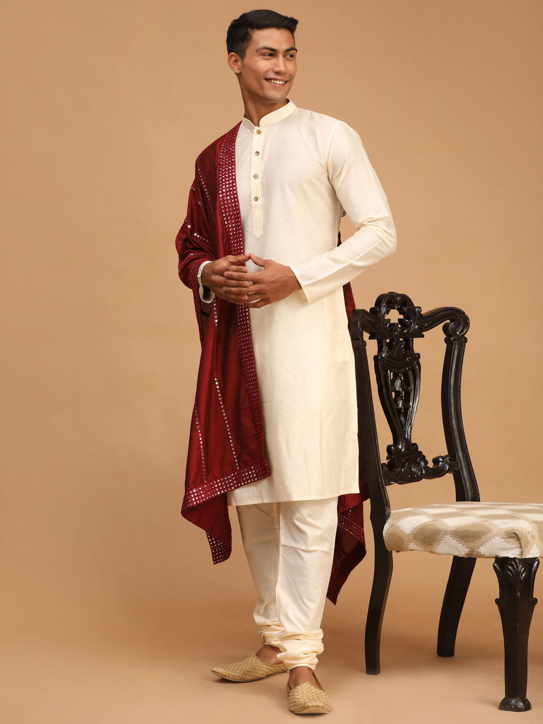 Sarvati Men's Cream Viscose Kurta Pyjama And Dupatta Set