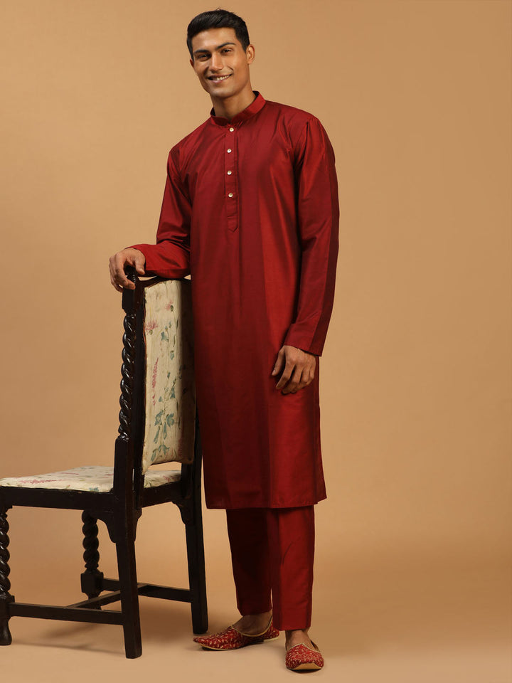 Sarvati Men's Maroon Viscose Kurta With Pant Set