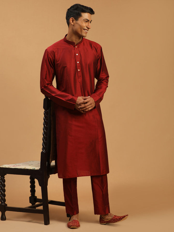 Sarvati Men's Maroon Viscose Kurta With Pant Set