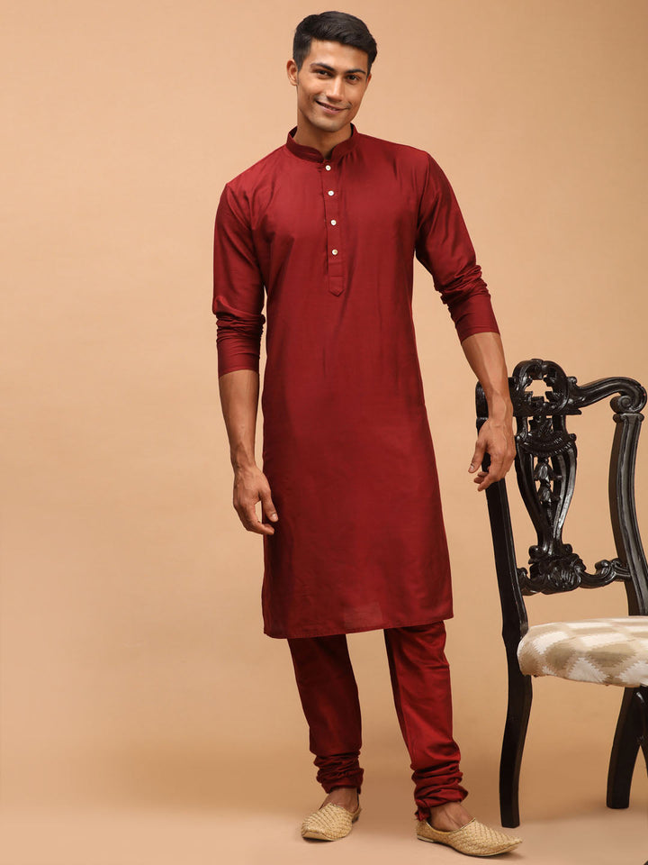 Sarvati Men's Maroon Viscose Kurta Pyjama Set