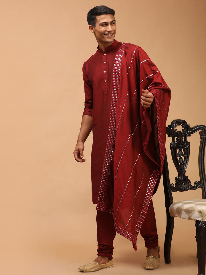 Men's Maroon Viscose Kurta Pyjama And Dupatta Set