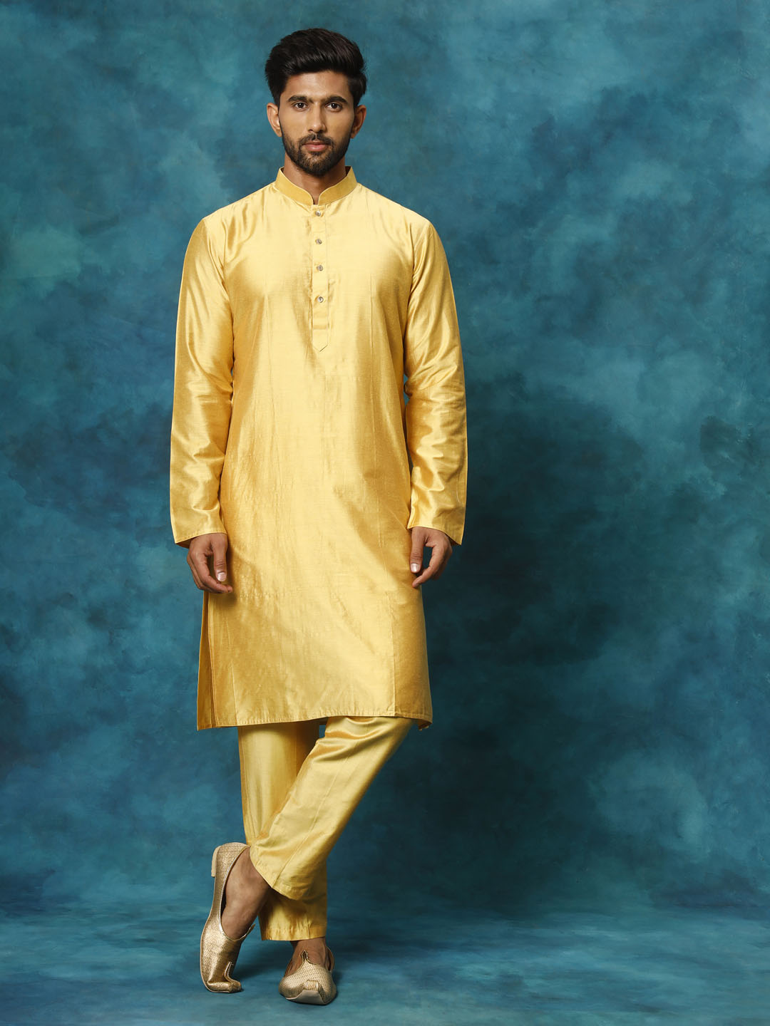 Sarvati Men's Mustard Viscose Kurta Pant Set