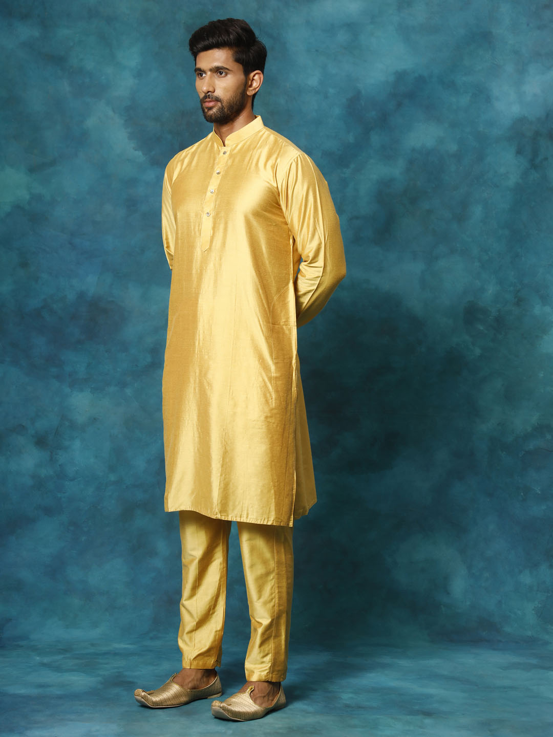 Sarvati Men's Mustard Viscose Kurta Pant Set