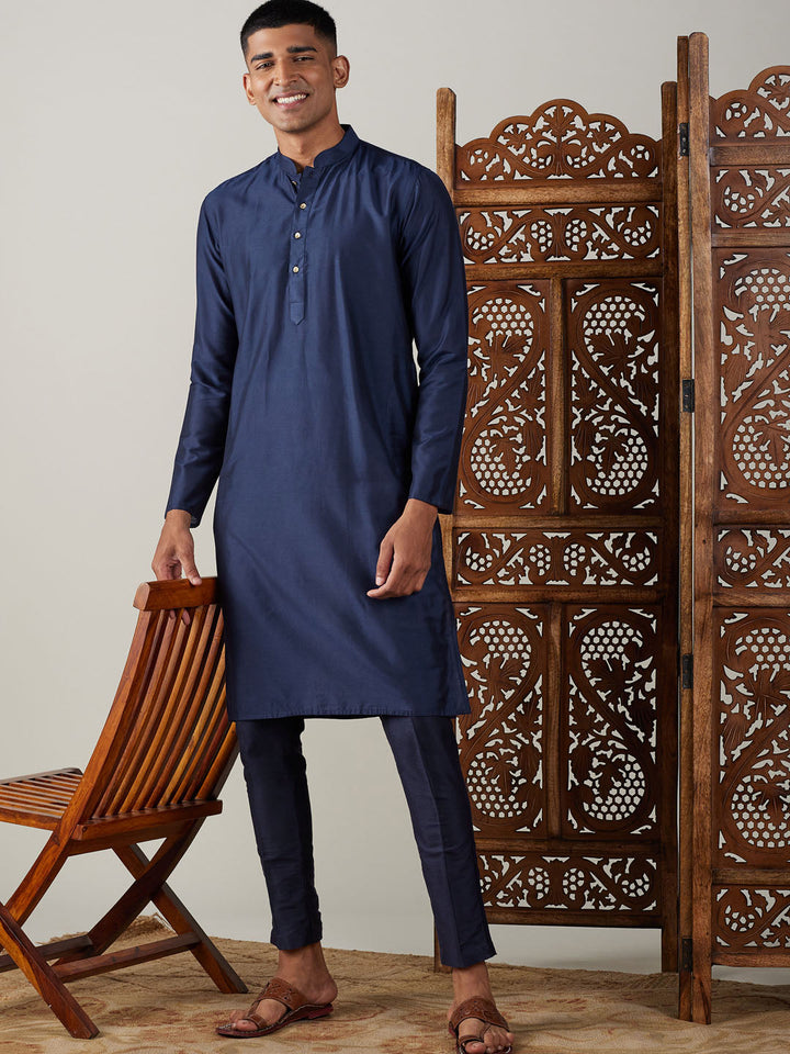 Sarvati Men's Navy Blue Viscose Kurta With Pant Set