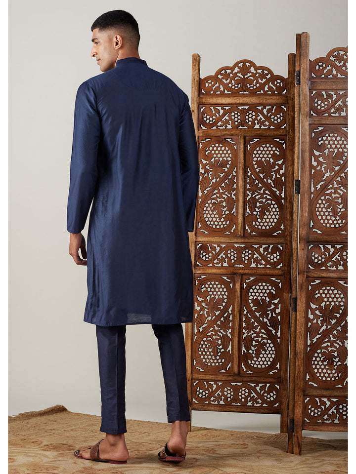 Sarvati Men's Navy Blue Viscose Kurta With Pant Set