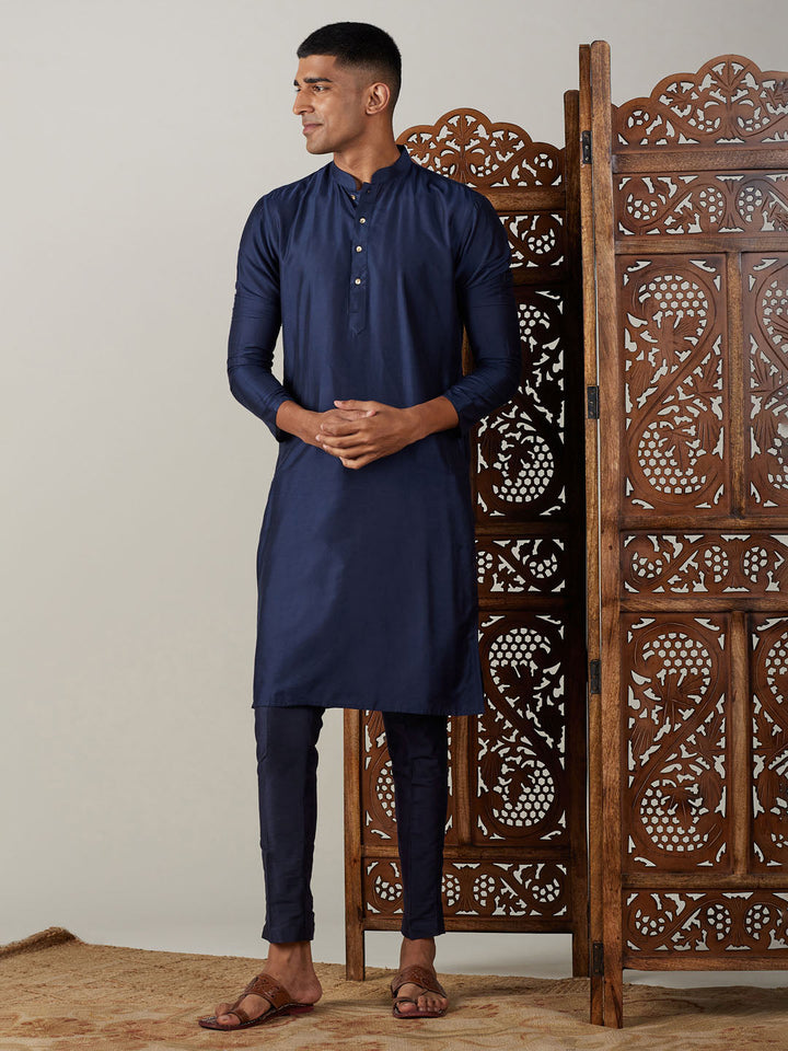 Sarvati Men's Navy Blue Viscose Kurta With Pant Set