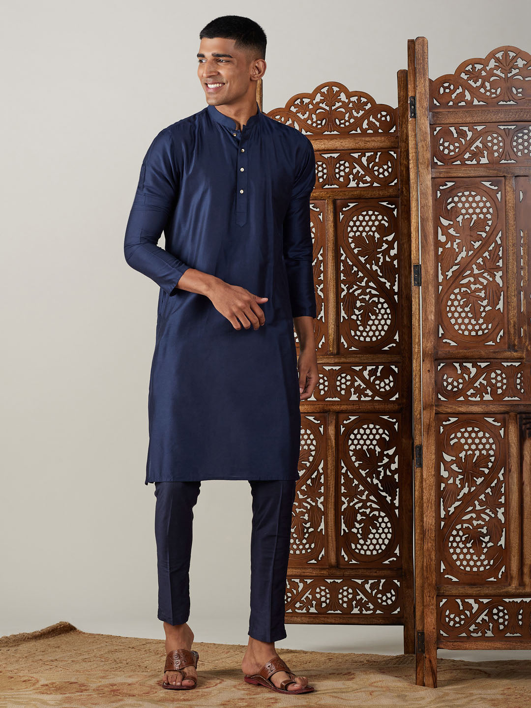 Sarvati Men's Navy Blue Viscose Kurta With Pant Set