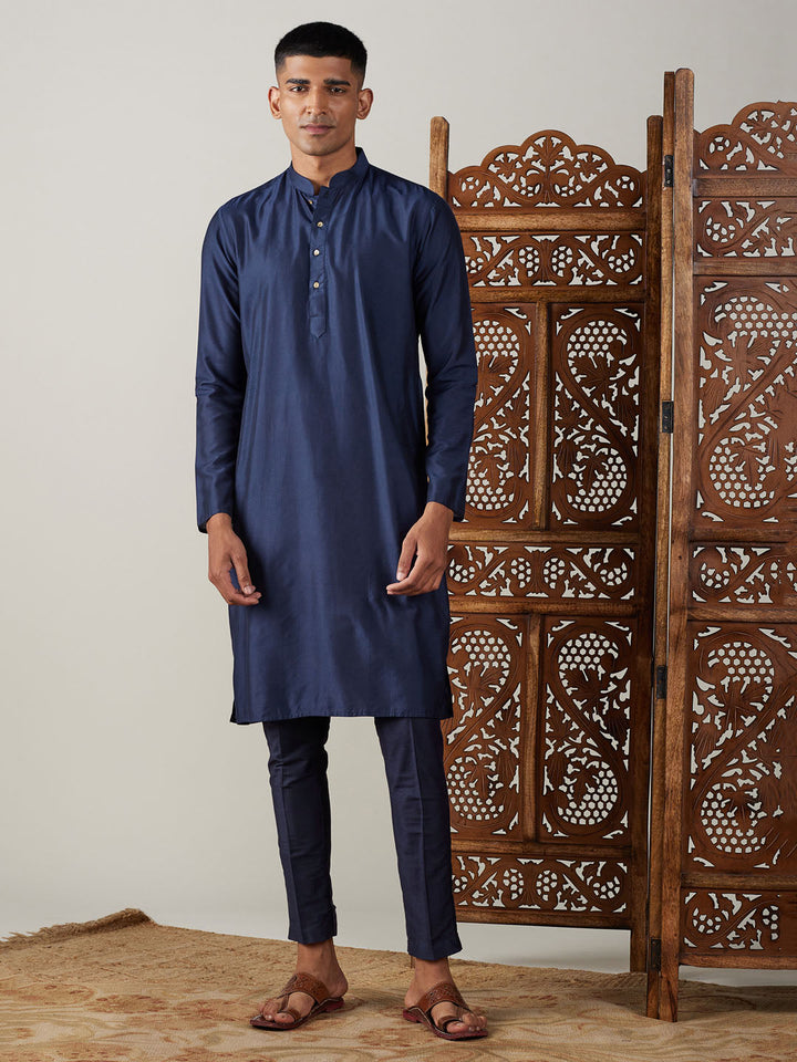 Sarvati Men's Navy Blue Viscose Kurta With Pant Set