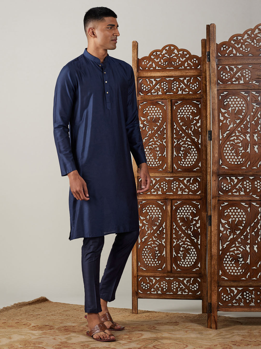 Sarvati Men's Navy Blue Viscose Kurta With Pant Set