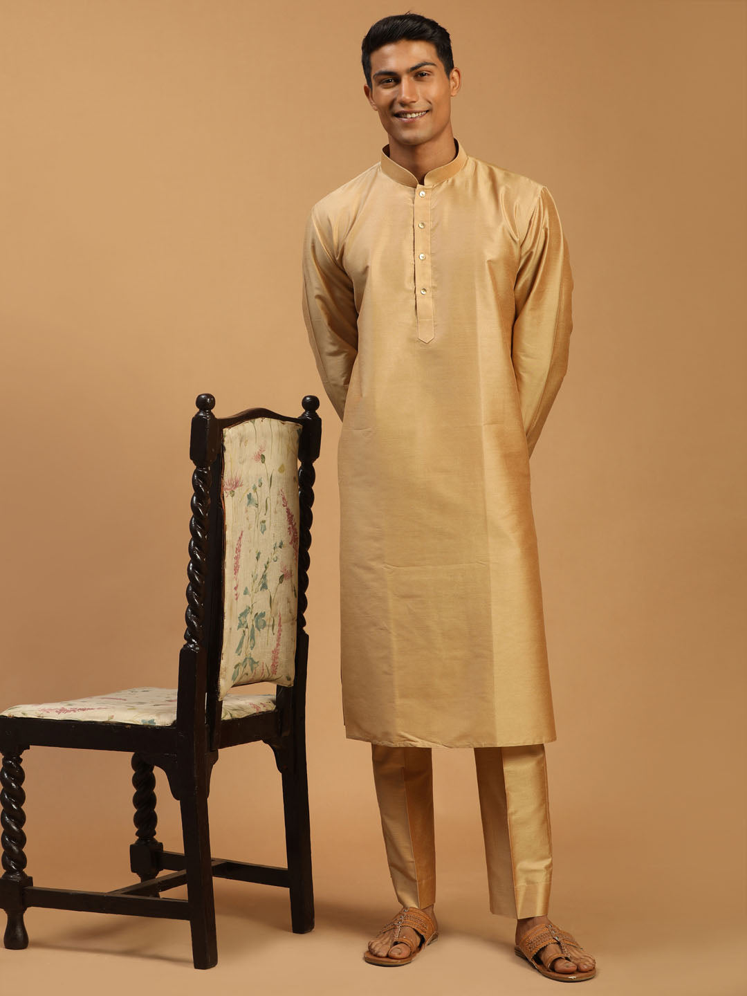 Sarvati Men's Rose Gold Viscose Kurta With Pant set