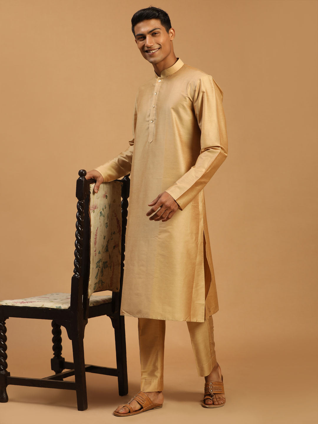 Sarvati Men's Rose Gold Viscose Kurta With Pant set