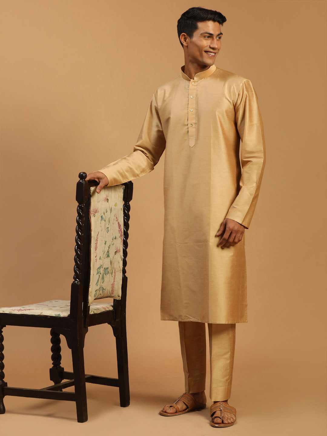 Sarvati Men's Rose Gold Viscose Kurta With Pant set