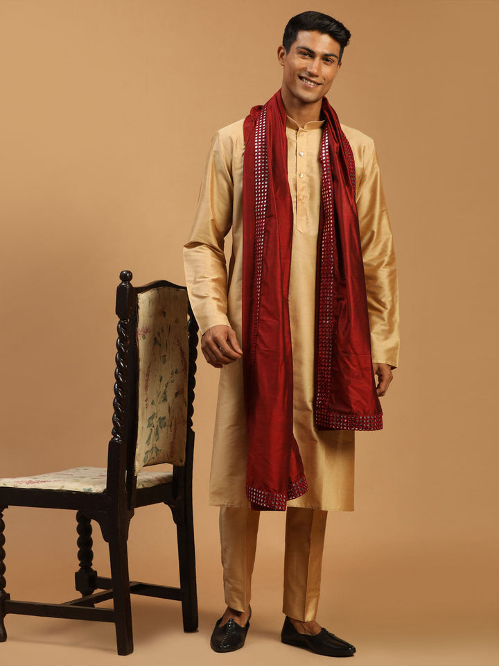 Sarvati Men's Rose Gold Viscose Kurta Pant And Dupatta Set