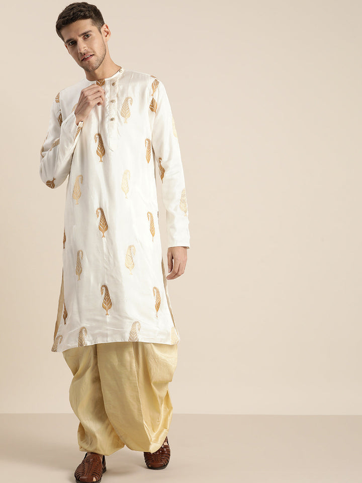 Sarvati Men's White Golden Weaved Silk Blend Kurta With Gold Dhoti Set