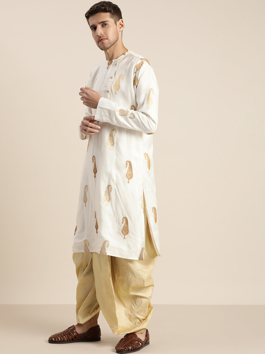 Sarvati Men's White Golden Weaved Silk Blend Kurta With Gold Dhoti Set