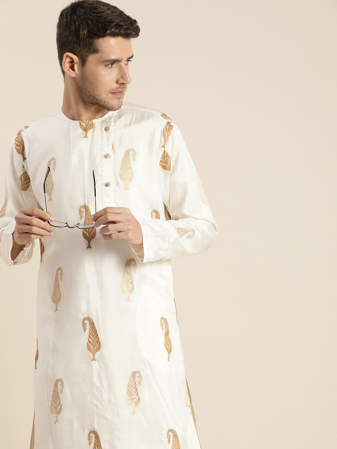 Sarvati Men's White Golden Weaved Silk Blend Kurta With Gold Dhoti Set