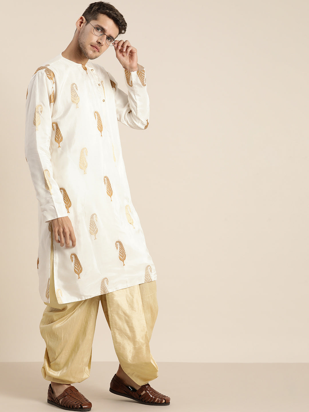 Sarvati Men's White Golden Weaved Silk Blend Kurta With Gold Dhoti Set