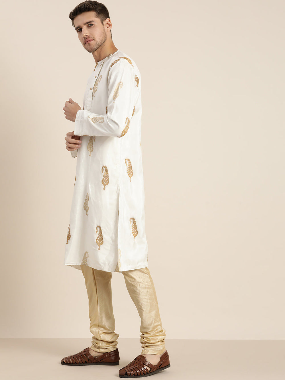 Sarvati Men's White Golden Weaved Silk Blend Kurta With Gold Pyjama Set