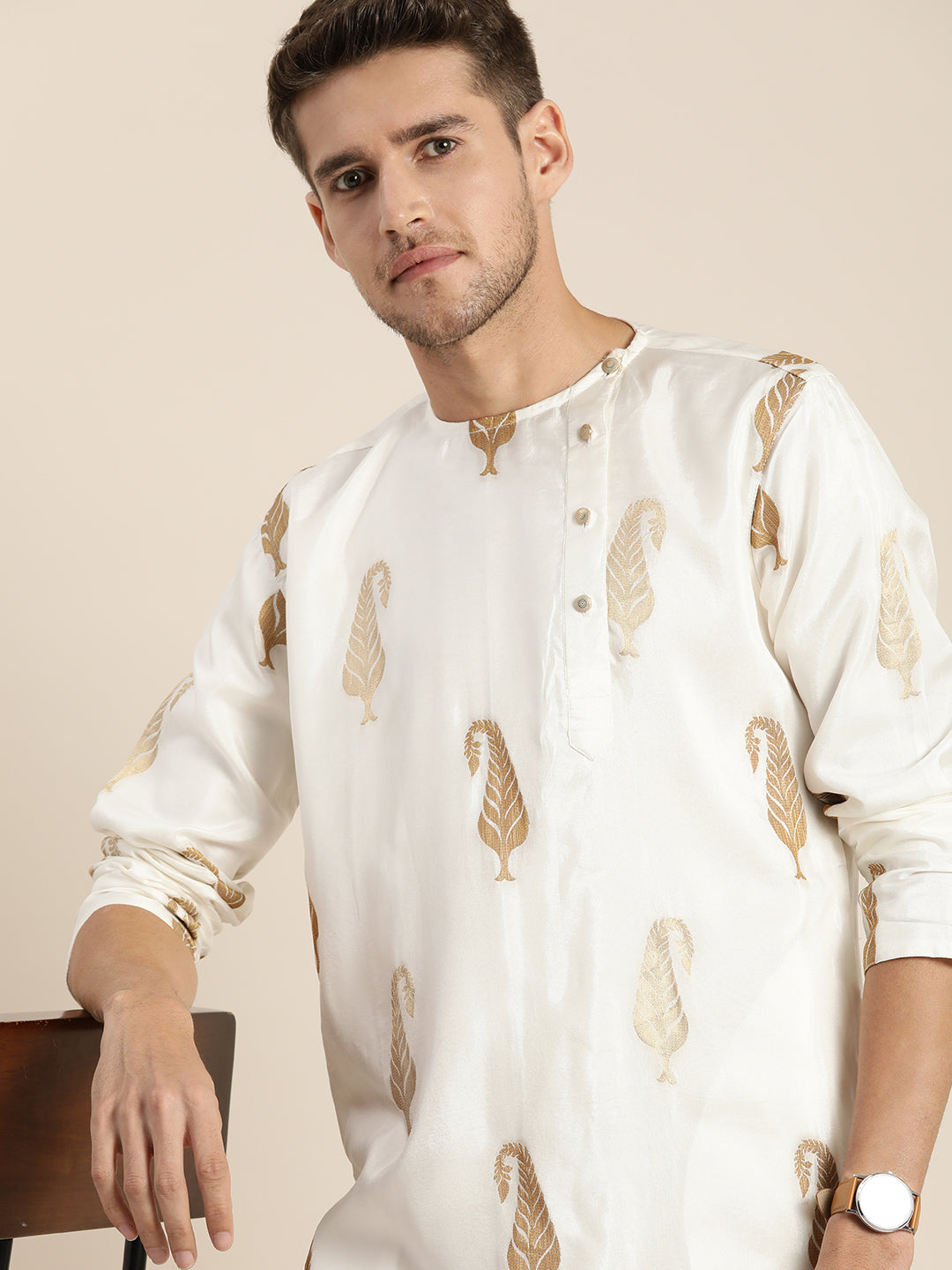 Sarvati Men's White Golden Weaved Silk Blend Kurta With Gold Pyjama Set