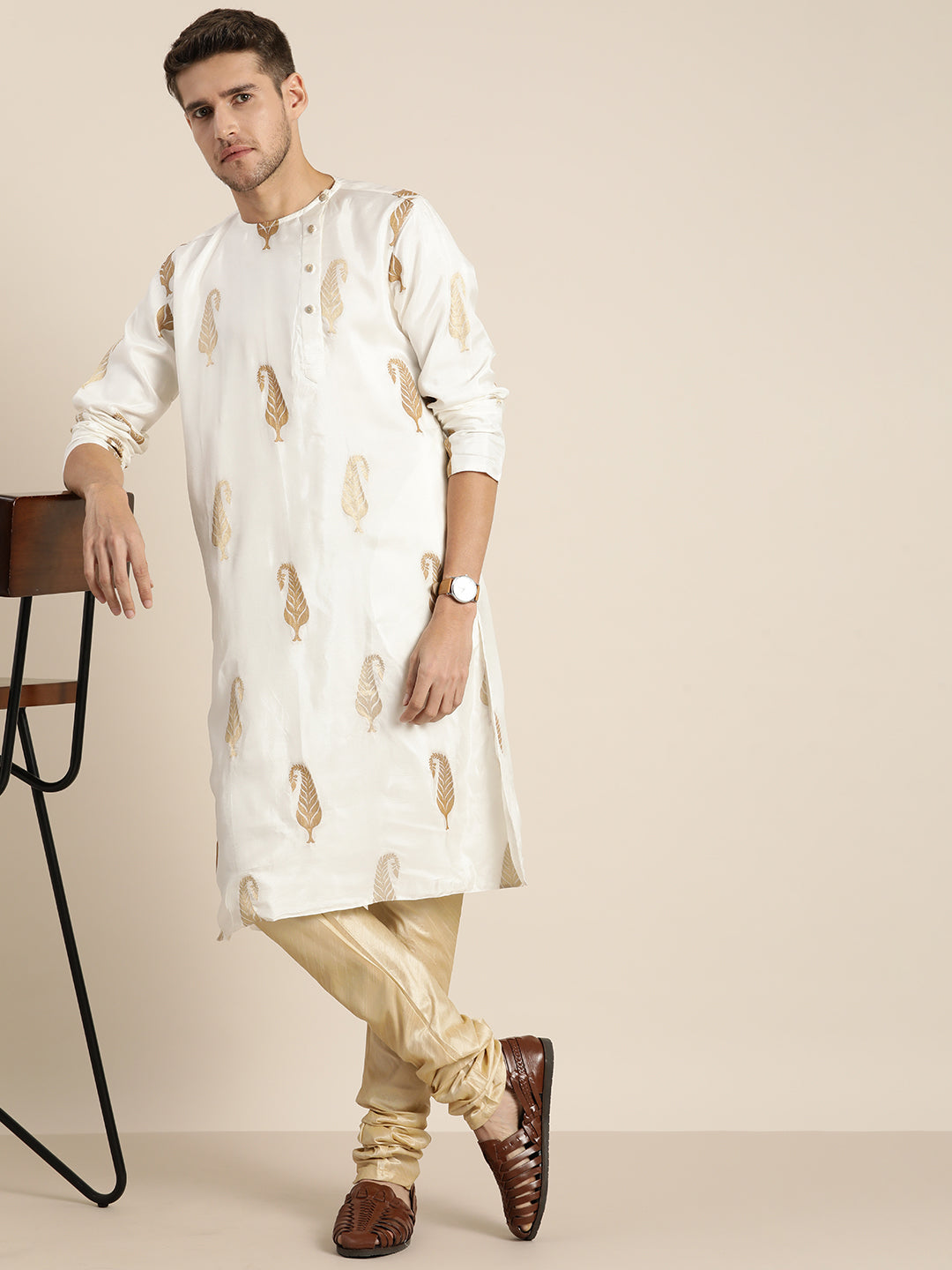 Sarvati Men's White Golden Weaved Silk Blend Kurta With Gold Pyjama Set