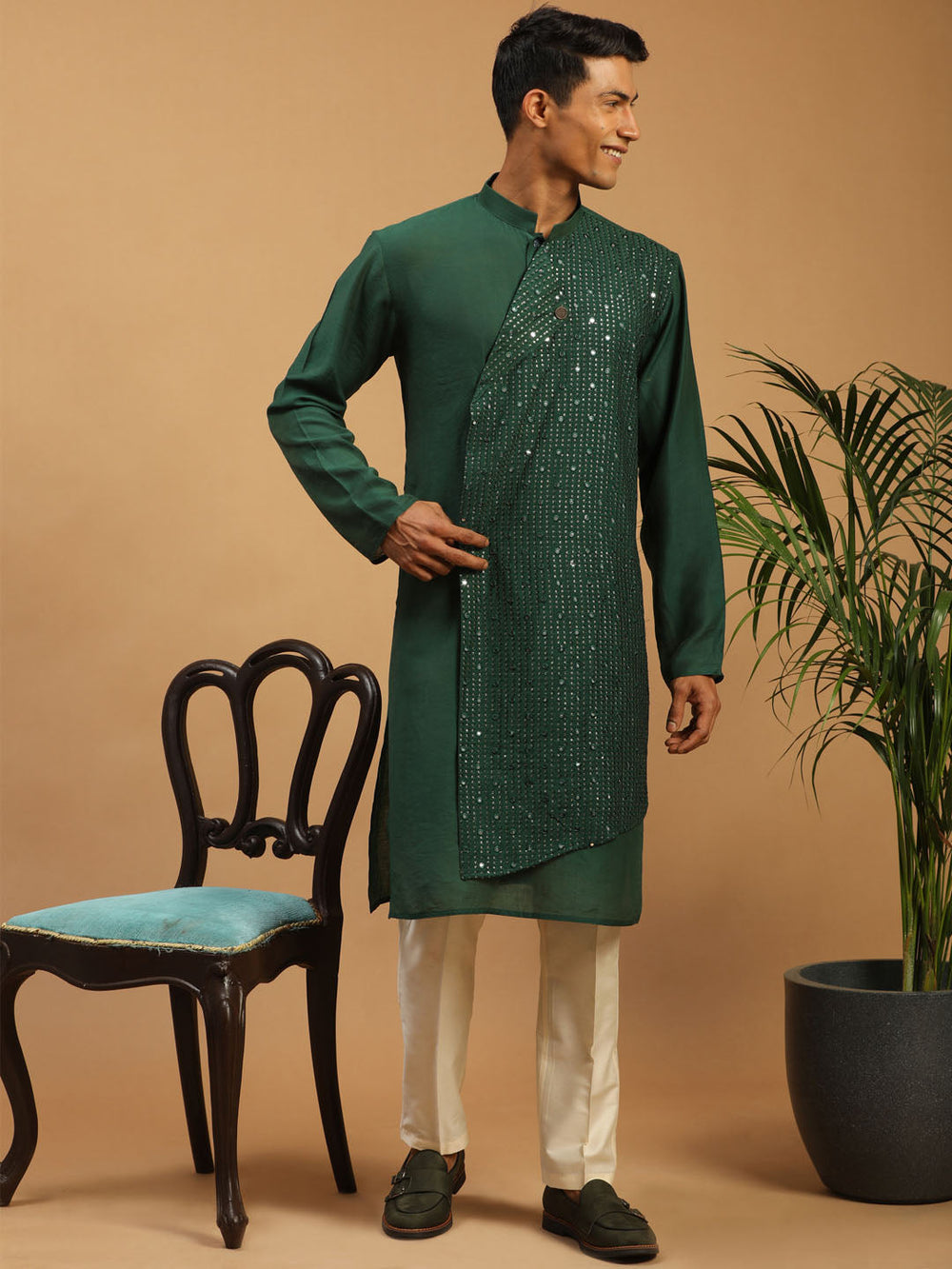 Sarvati Men's Green Sequined Layered Kurta With Cream Pant Style Pyjama Set