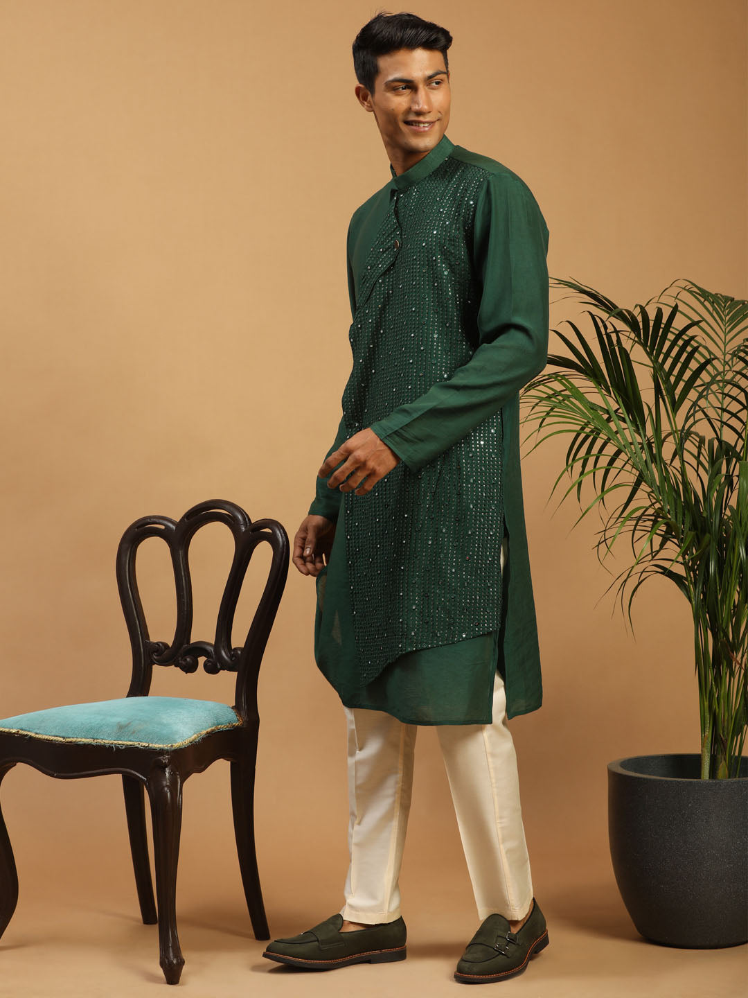 Sarvati Men's Green Sequined Layered Kurta With Cream Pant Style Pyjama Set