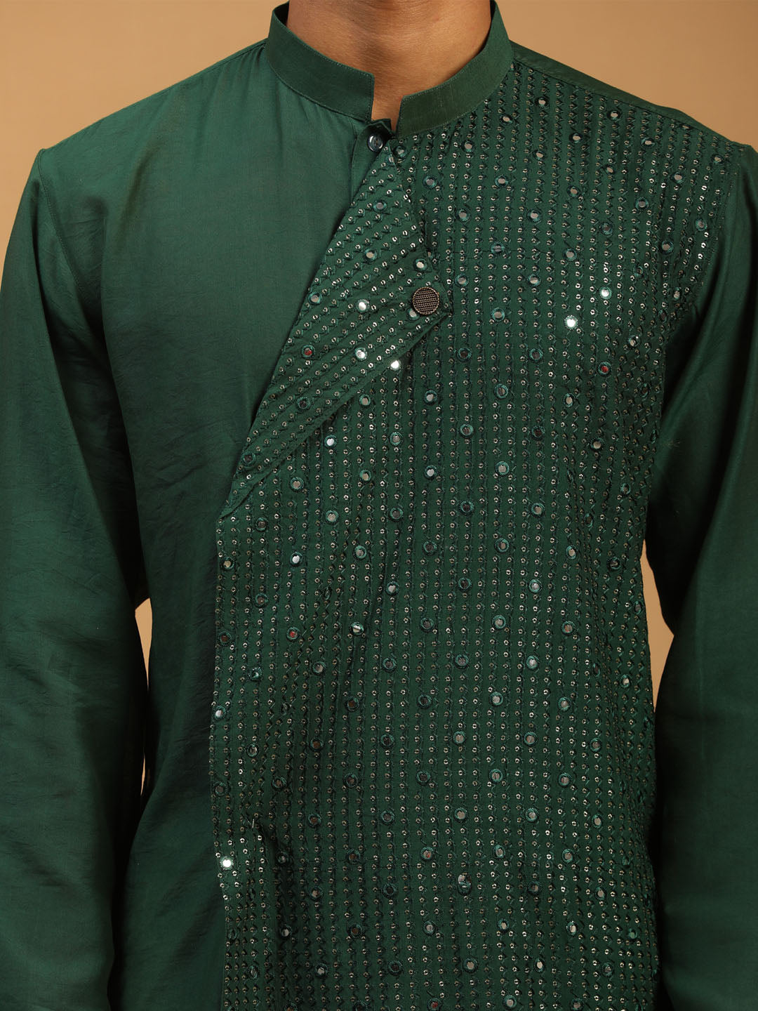 Sarvati Men's Green Sequined Layered Kurta With Cream Pant Style Pyjama Set