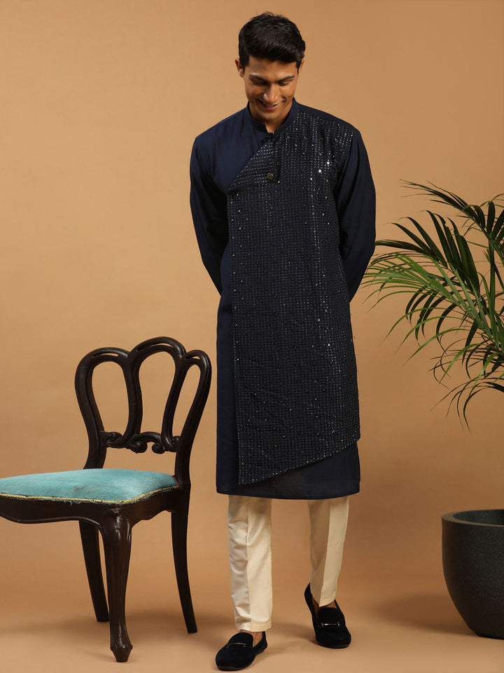 Sarvati Men's Navy Blue Sequined Layered Kurta With Cream Pant Style Pyjama Set