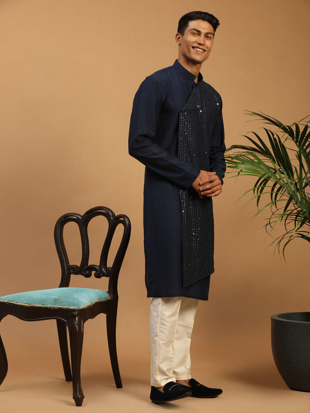 Sarvati Men's Navy Blue Sequined Layered Kurta With Cream Pant Style Pyjama Set