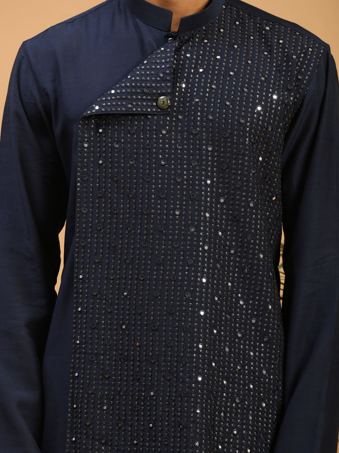 Sarvati Men's Navy Blue Sequined Layered Kurta With Cream Pant Style Pyjama Set