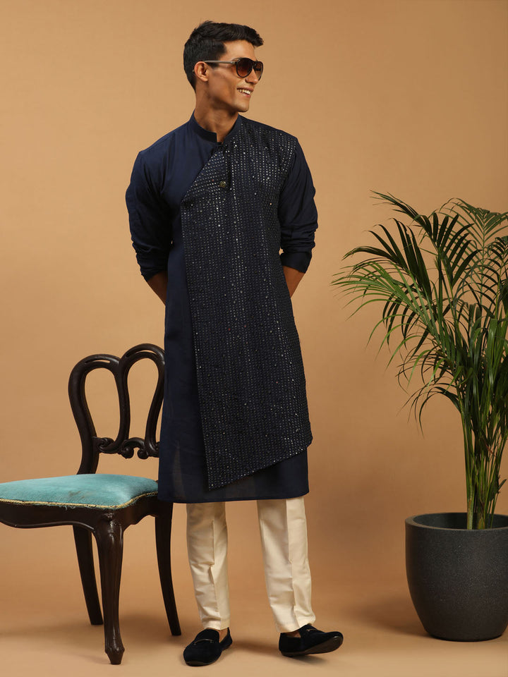 Sarvati Men's Navy Blue Sequined Layered Kurta With Cream Pant Style Pyjama Set