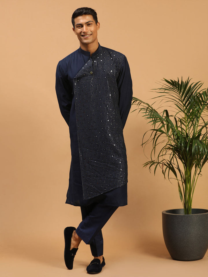 Sarvati Men's Navy Blue Sequined Layered Kurta With Blue Pant Style Pyjama Set