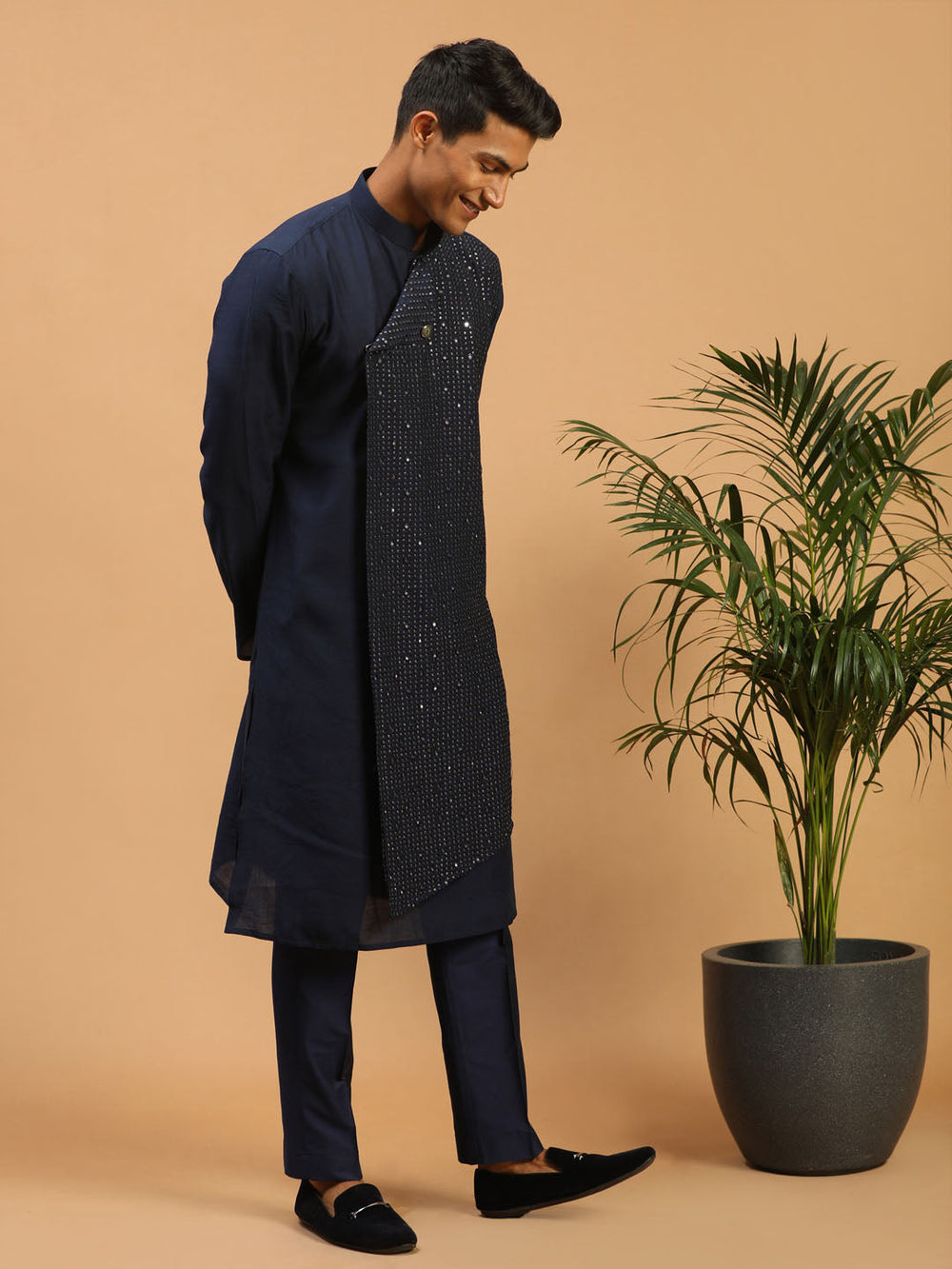 Sarvati Men's Navy Blue Sequined Layered Kurta With Blue Pant Style Pyjama Set