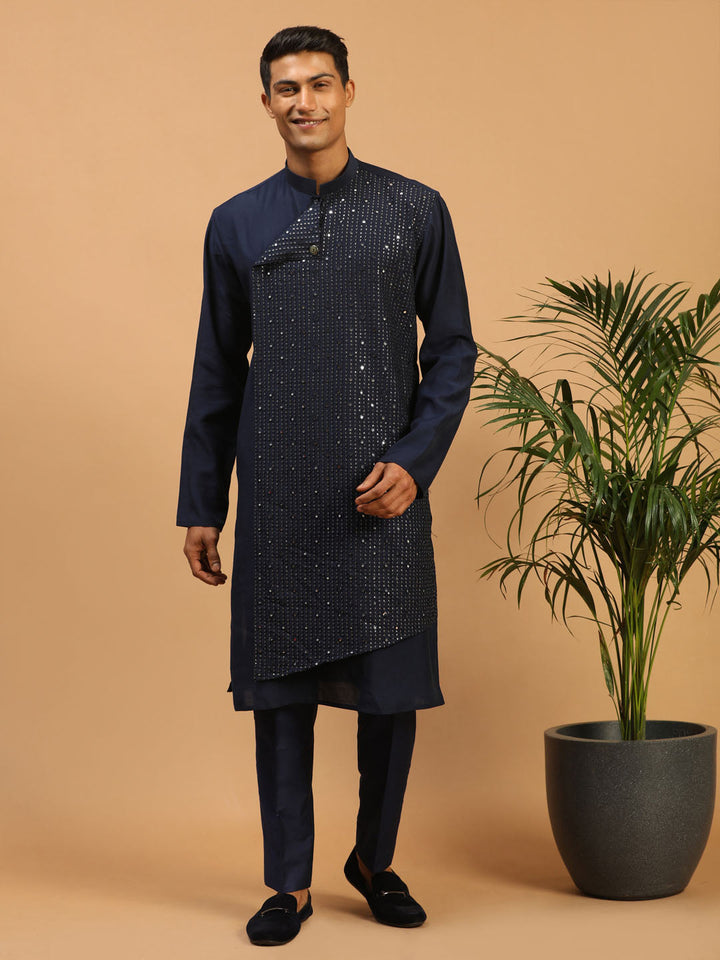 Sarvati Men's Navy Blue Sequined Layered Kurta With Blue Pant Style Pyjama Set