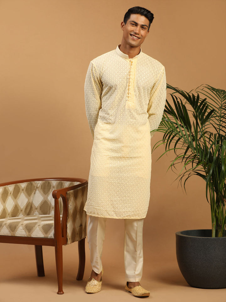 Sarvati Men's Cream Embroidery Worked Georgette Kurta With Pant Style Pyjama Set