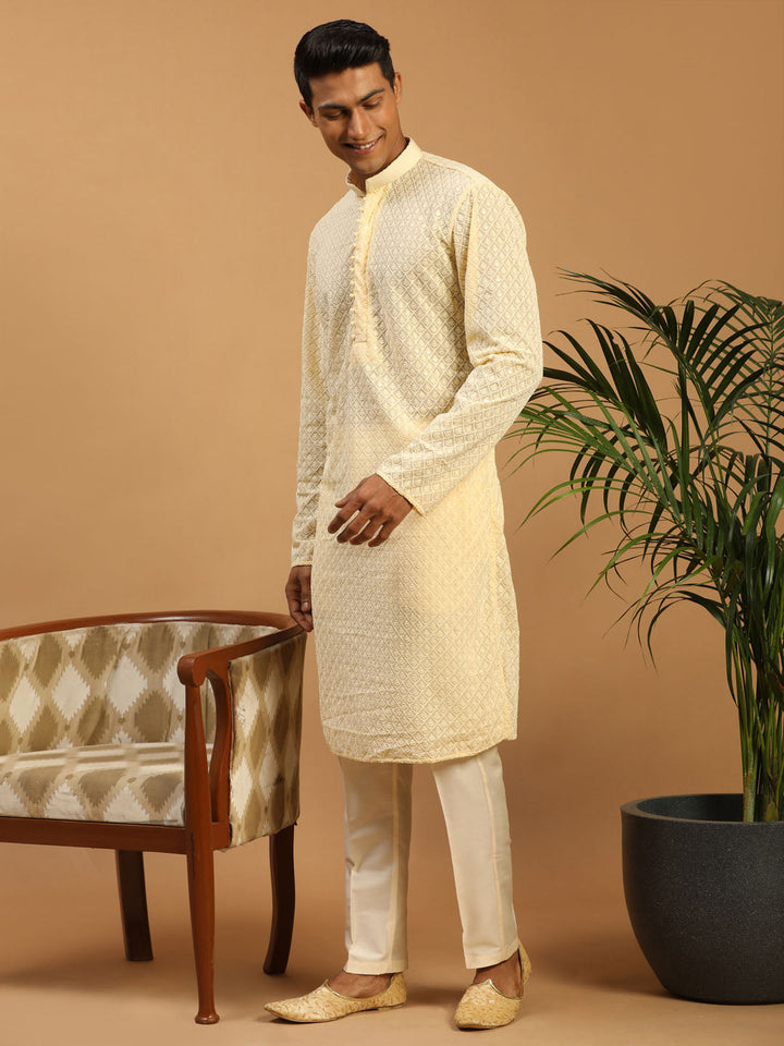 Sarvati Men's Cream Embroidery Worked Georgette Kurta With Pant Style Pyjama Set