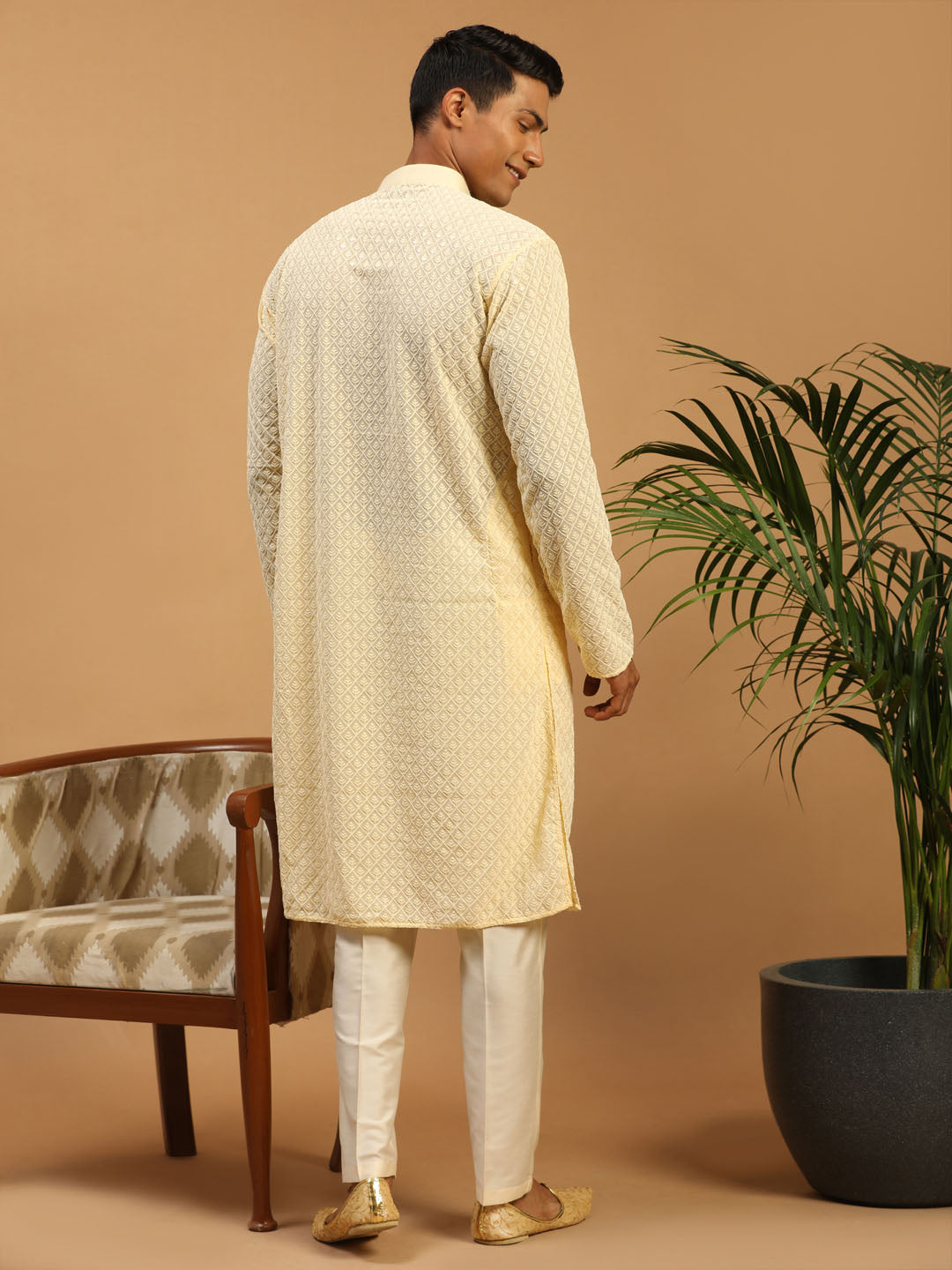 Sarvati Men's Cream Embroidery Worked Georgette Kurta With Pant Style Pyjama Set