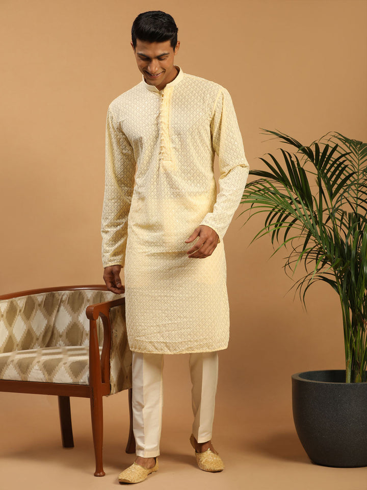 Sarvati Men's Cream Embroidery Worked Georgette Kurta With Pant Style Pyjama Set